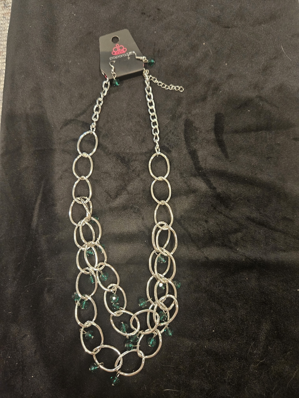 Paparazzi Silver Multi-Row Chain Necklace with Green Beads